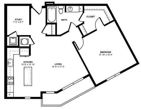 Floor plan for 1 bed, 1 bath, 1005 sqft